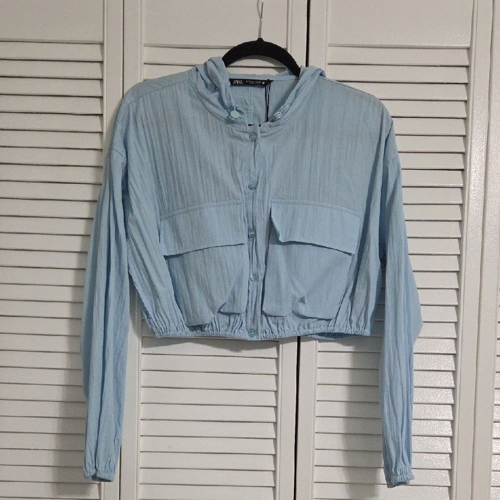 Zara Pale Blue Hooded Button Shirt